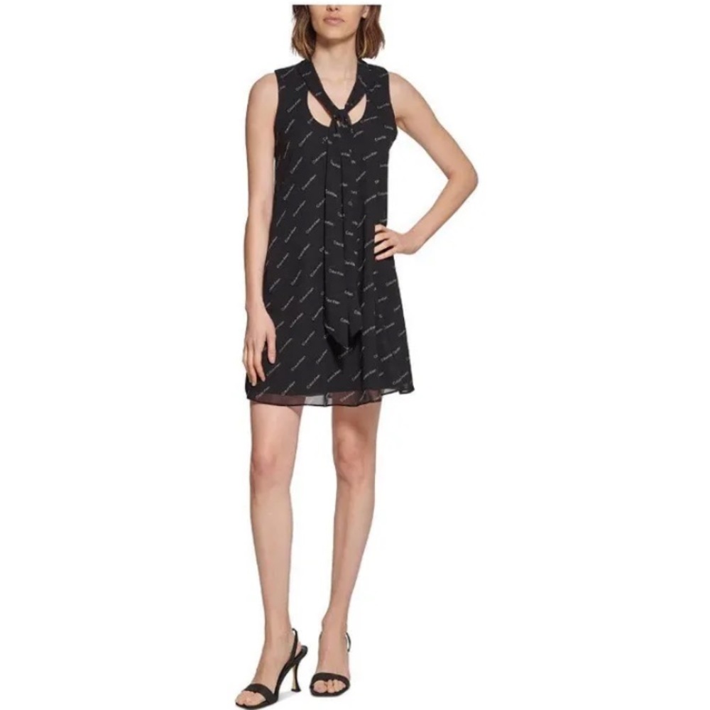 8-9 Calvin Klein Womens Logo Mini Tie-Neck Shift Dress 4 NEW NWT
